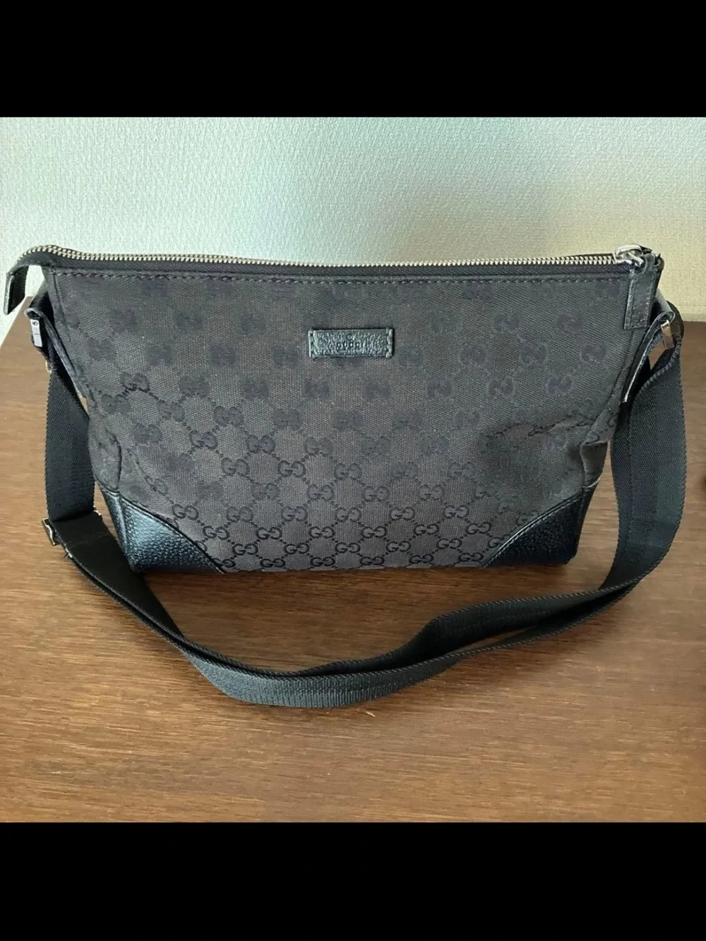 Gucci Black GG Canvas Messenger Bag with Adjustable Strap